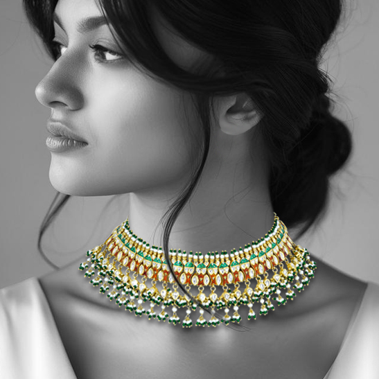 Red-Green Enamel Polki Choker with Green Beads and Pearl Clusters